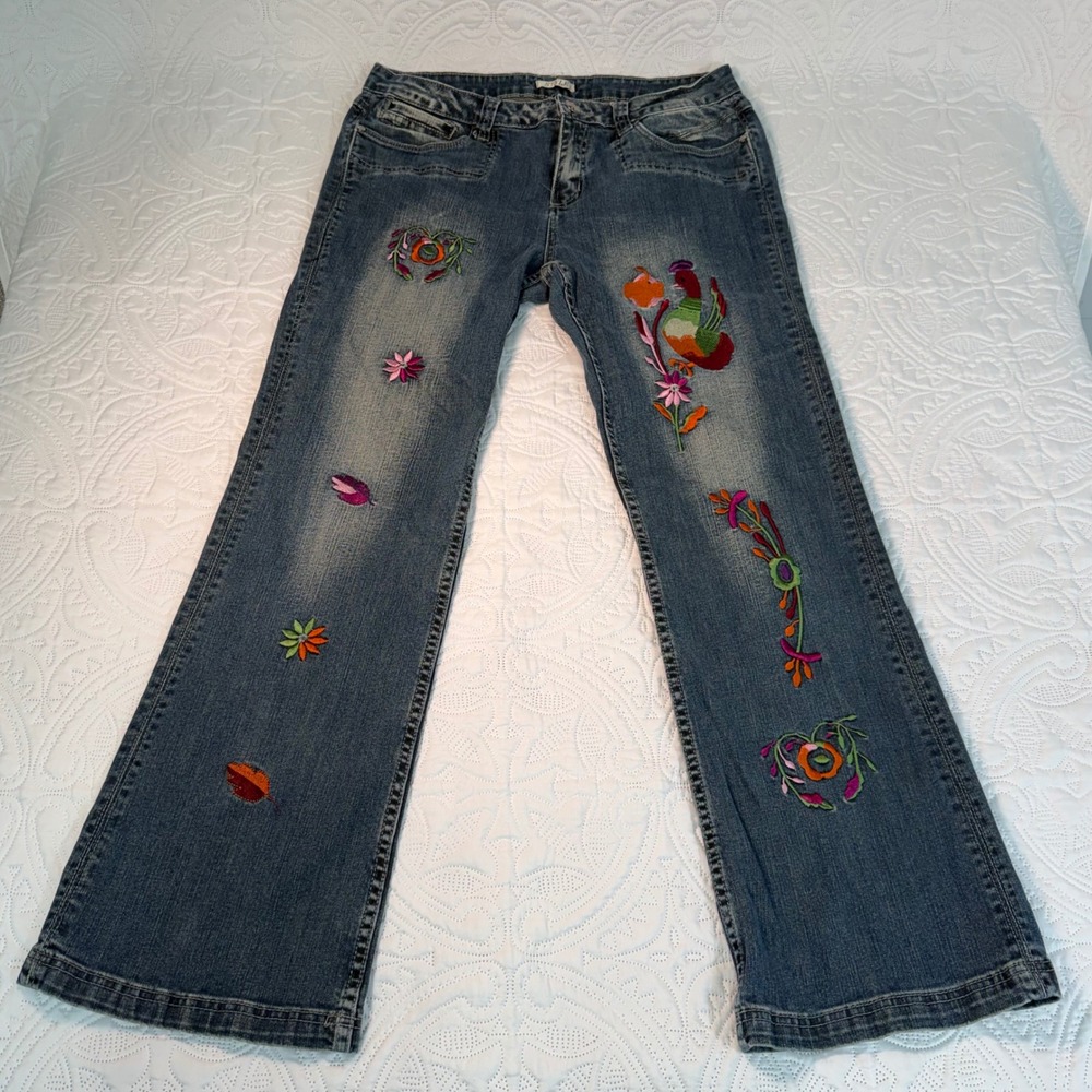 New Style Embroidered Flare Jeans Medium Wash Floral Bird Boho Denim Pants